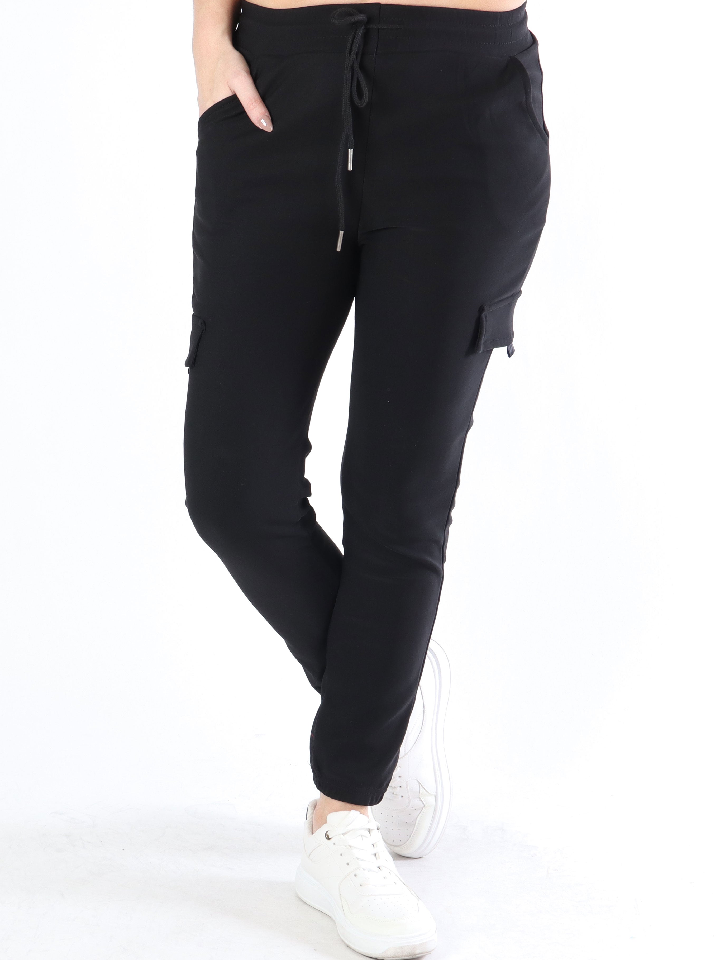 Antonia - Sorte elastiske bukser med lommer på benene